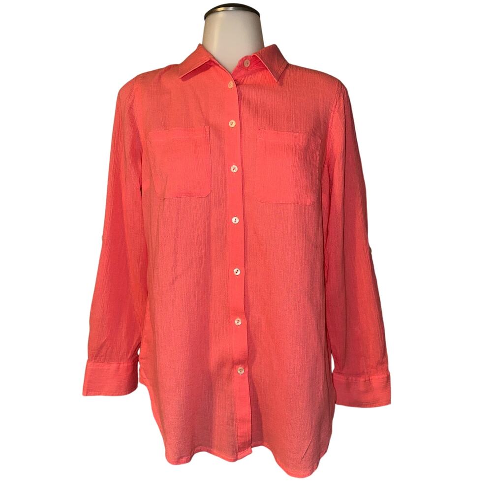 Talbots Petites Classic Cotton Button Down Shirt Blouse Roll Tab Sleeves Size Sp